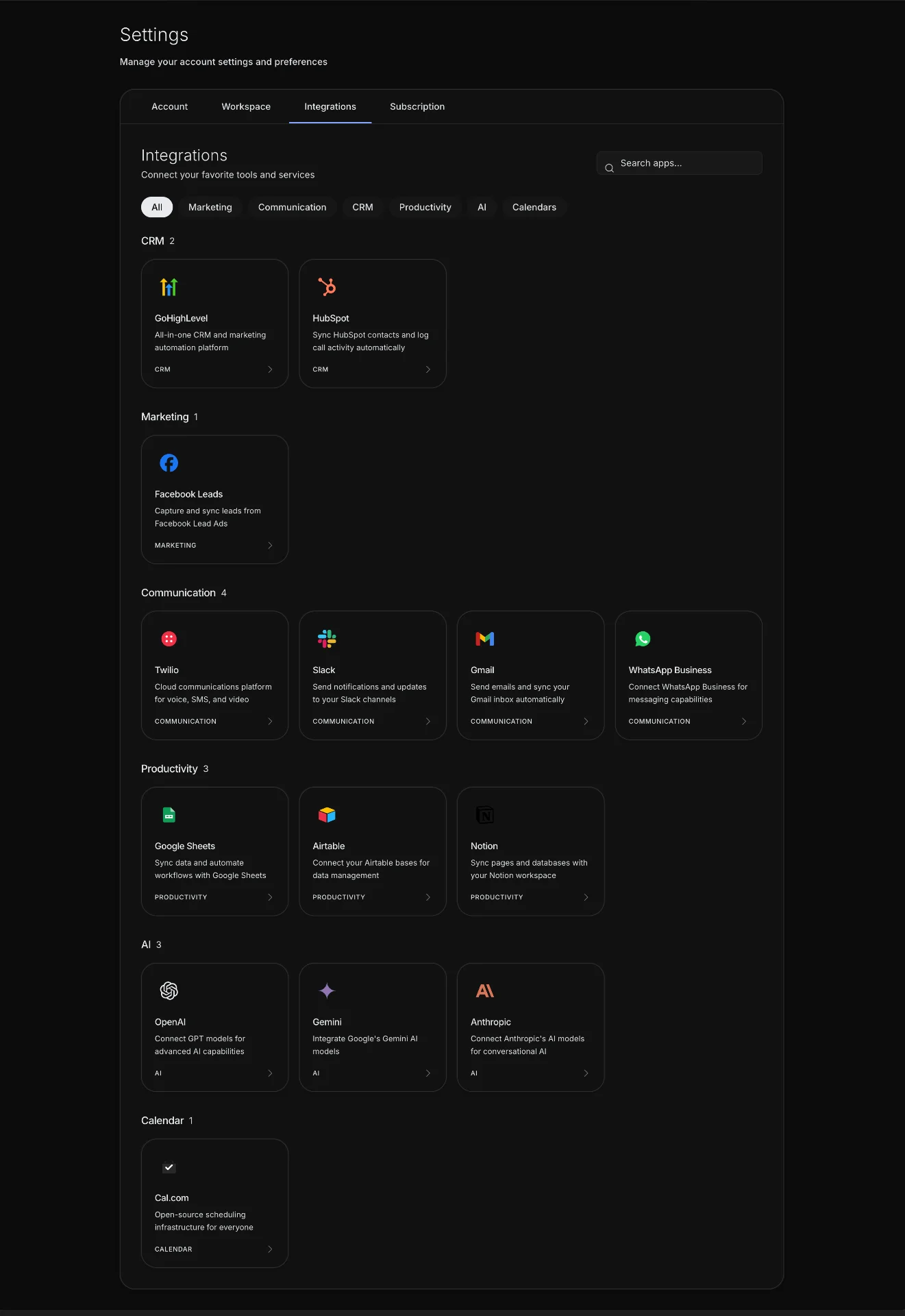 Integrations view - Wave Runner platform
