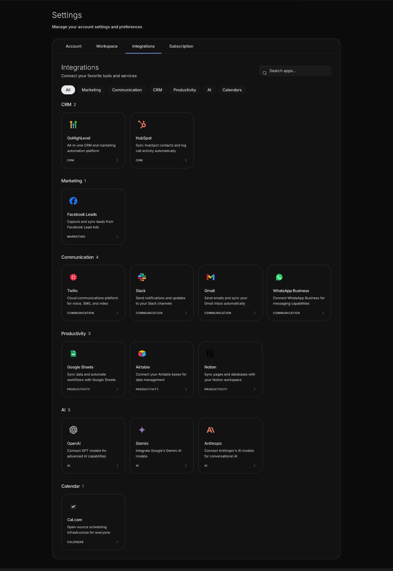 Integrations view - Wave Runner platform